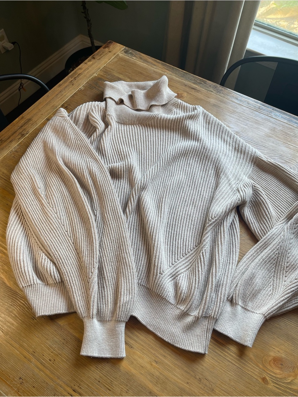 DKNY Cream Ribbed Turtleneck Sweater with Balloon Sleeves